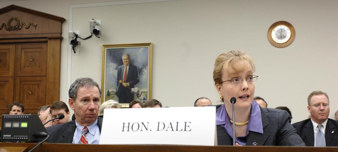 NASA Deputy Administrator Shana Dale, right, speaks as NASA Administrator Michael Griffin looks on during a hearing before the House Science & Technology Committee regarding NASA's FY 2007 budget request, Thursday, Feb., 16, 2006, in Washington. Photo Credit: (NASA/Bill Ingalls)