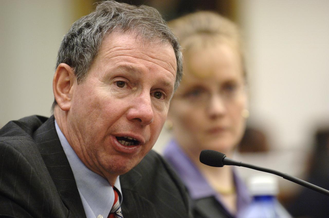 NASA Administrator Michael Griffin, left, testifies as NASA Deputy Administrator Shana Dale looks on during a hearing before the House Science & Technology Committee regarding NASA's FY 2007 budget request, Thursday, Feb., 16, 2006, in Washington. Photo Credit: (NASA/Bill Ingalls)