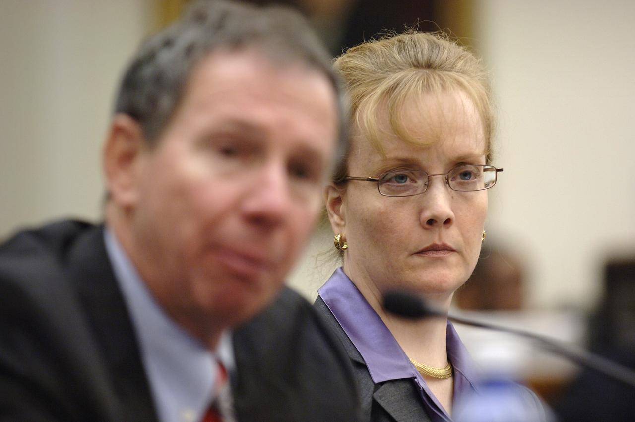 NASA Administrator Michael Griffin, left, testifies as NASA Deputy Administrator Shana Dale looks during a hearing before the House Science & Technology Committee regarding NASA's FY 2007 budget request, Thursday, Feb., 16, 2006, in Washington. Photo Credit: (NASA/Bill Ingalls)