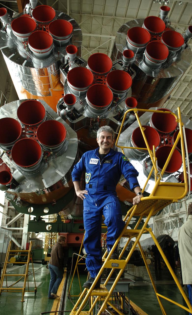 Marcos Pontes, Brazilian Space Agency Soyuz crew member who will spend 10 days aboard the International Space Station under an agreement with the Russian Federal Space Agency, poses for a photo during a tour of the Soyuz assembly building at the Baikonur Cosmodrome in Baikonur, Kazakhstan. Sunday, March 26, 2006. Photo Credit: (NASA/Bill Ingalls)