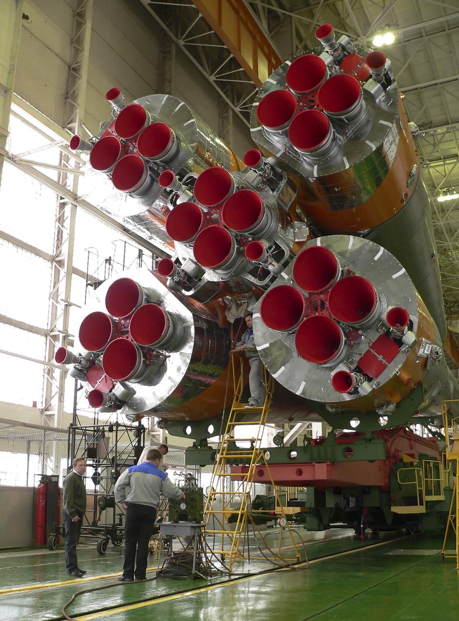 The Soyuz TMA-8 capsule was mated Monday, March 27, 2006, to its booster in preparation for the launch on March 30, 2006 carrying Expedition 13 crew members, Jeffrey N. Williams, Science Officer and Flight Engineer; Pavel V. Vinogradov, Russia’s Federal Space Agency International Space Station Commander; and Marcos Pontes, Brazilian Space Agency Soyuz crew member. Baikonur Cosmodrome in Baikonur, Kazakhstan. Photo Credit: (NASA/Victor Zelentsov)