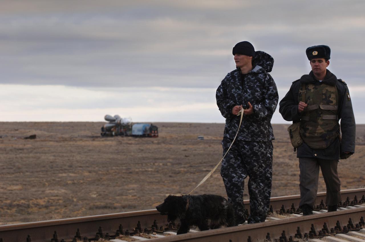 The Soyuz TMA-8 spacecraft and its booster rolled out to the launch pad on Tuesday, March 28, 2006 at the Baikonur Cosmodrome in Baikonur, Kazakhstan for final pre-launch preparations. The Soyuz will blast off on March 30, 2006 to carry Expedition 13 Commander Pavel V. Vinogradov and Science Officer and Flight Engineer Jeffrey N. Williams to the International Space Station for a six-month mission. The spacecraft will also be carrying Brazilian Space Agency Soyuz crew member Marcos Pontes, who will spend 10 days aboard the International Space Station under an agreement with the Russian Federal Space Agency. Photo Credit: (NASA/Bill Ingalls)
