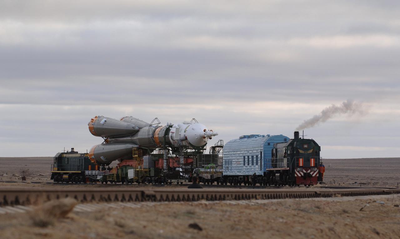 The Soyuz TMA-8 spacecraft and its booster rolled out to the launch pad on Tuesday, March 28, 2006 at the Baikonur Cosmodrome in Baikonur, Kazakhstan for final pre-launch preparations. The Soyuz will blast off on March 30, 2006 to carry Expedition 13 Commander Pavel V. Vinogradov and Science Officer and Flight Engineer Jeffrey N. Williams to the International Space Station for a six-month mission. The spacecraft will also be carrying Brazilian Space Agency Soyuz crew member Marcos Pontes, who will spend 10 days aboard the International Space Station under an agreement with the Russian Federal Space Agency. Photo Credit: (NASA/Bill Ingalls)