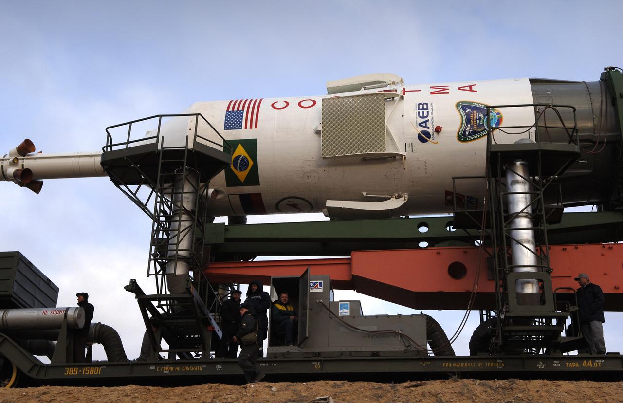 The Soyuz TMA-8 spacecraft and its booster rolled out to the launch pad on Tuesday, March 28, 2006 at the Baikonur Cosmodrome in Baikonur, Kazakhstan for final pre-launch preparations. The Soyuz will blast off on March 30, 2006 to carry Expedition 13 Commander Pavel V. Vinogradov and Science Officer and Flight Engineer Jeffrey N. Williams to the International Space Station for a six-month mission. The spacecraft will also be carrying Brazilian Space Agency Soyuz crew member Marcos Pontes, who will spend 10 days aboard the International Space Station under an agreement with the Russian Federal Space Agency. Photo Credit: (NASA/Bill Ingalls)