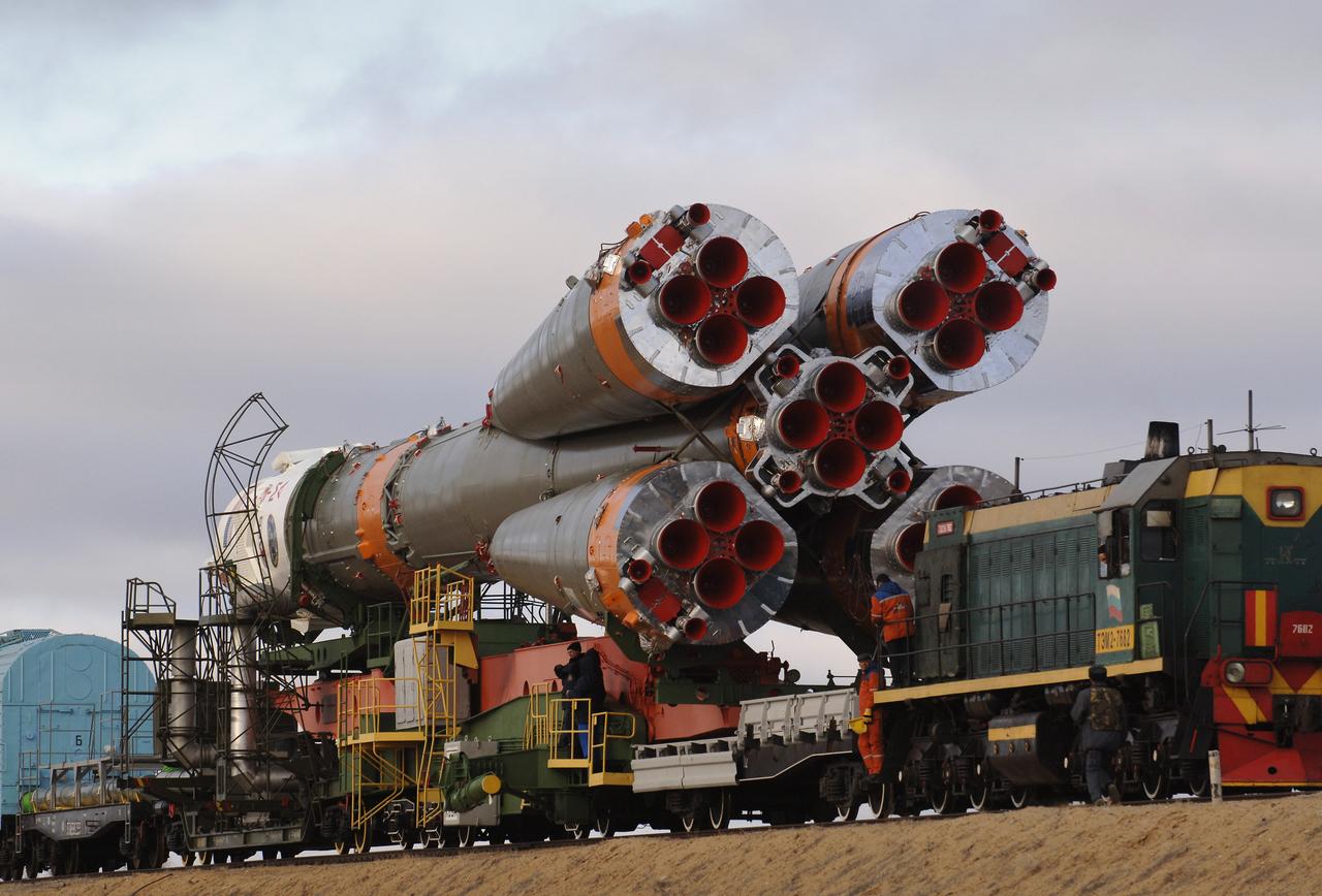 The Soyuz TMA-8 spacecraft and its booster rolled out to the launch pad on Tuesday, March 28, 2006 at the Baikonur Cosmodrome in Baikonur, Kazakhstan for final pre-launch preparations. The Soyuz will blast off on March 30, 2006 to carry Expedition 13 Commander Pavel V. Vinogradov and Science Officer and Flight Engineer Jeffrey N. Williams to the International Space Station for a six-month mission. The spacecraft will also be carrying Brazilian Space Agency Soyuz crew member Marcos Pontes, who will spend 10 days aboard the International Space Station under an agreement with the Russian Federal Space Agency. Photo Credit: (NASA/Bill Ingalls)