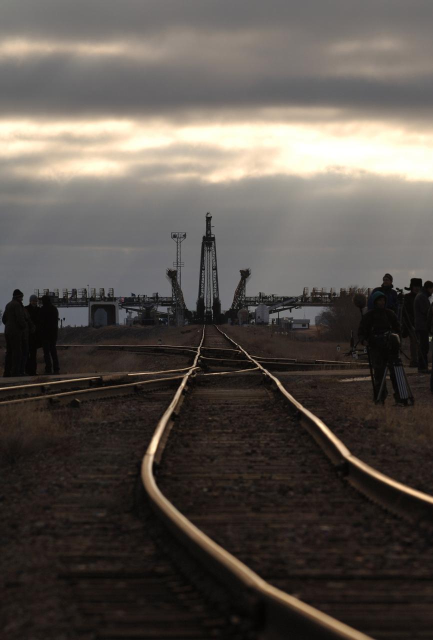 The Soyuz TMA-8 spacecraft and its booster rolled out to the launch pad on Tuesday, March 28, 2006 at the Baikonur Cosmodrome in Baikonur, Kazakhstan for final pre-launch preparations. The Soyuz will blast off on March 30, 2006 to carry Expedition 13 Commander Pavel V. Vinogradov and Science Officer and Flight Engineer Jeffrey N. Williams to the International Space Station for a six-month mission. The spacecraft will also be carrying Brazilian Space Agency Soyuz crew member Marcos Pontes, who will spend 10 days aboard the International Space Station under an agreement with the Russian Federal Space Agency. Photo Credit: (NASA/Bill Ingalls)