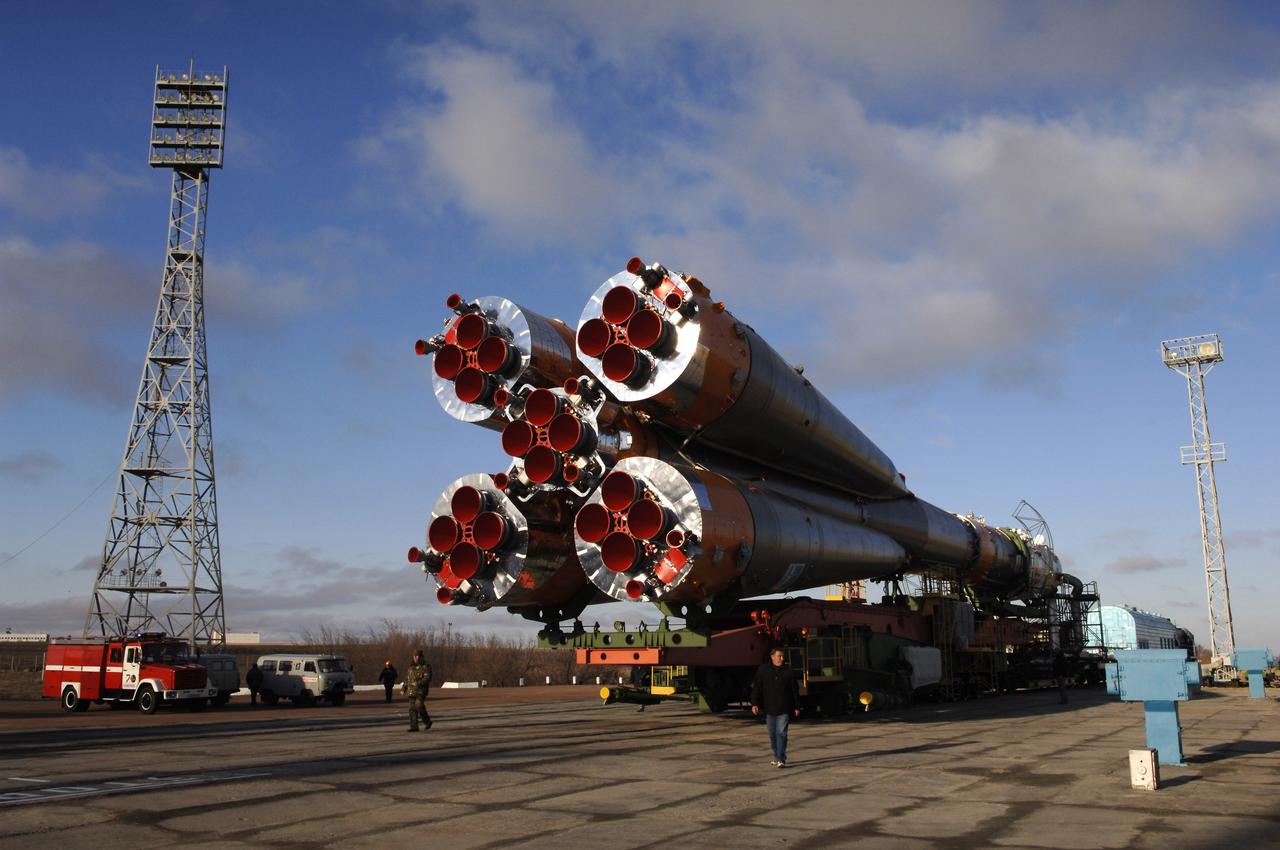 The Soyuz TMA-8 spacecraft and its booster rolled out to the launch pad on Tuesday, March 28, 2006 at the Baikonur Cosmodrome in Baikonur, Kazakhstan for final pre-launch preparations. The Soyuz will blast off on March 30, 2006 to carry Expedition 13 Commander Pavel V. Vinogradov and Science Officer and Flight Engineer Jeffrey N. Williams to the International Space Station for a six-month mission. The spacecraft will also be carrying Brazilian Space Agency Soyuz crew member Marcos Pontes, who will spend 10 days aboard the International Space Station under an agreement with the Russian Federal Space Agency. Photo Credit: (NASA/Bill Ingalls)