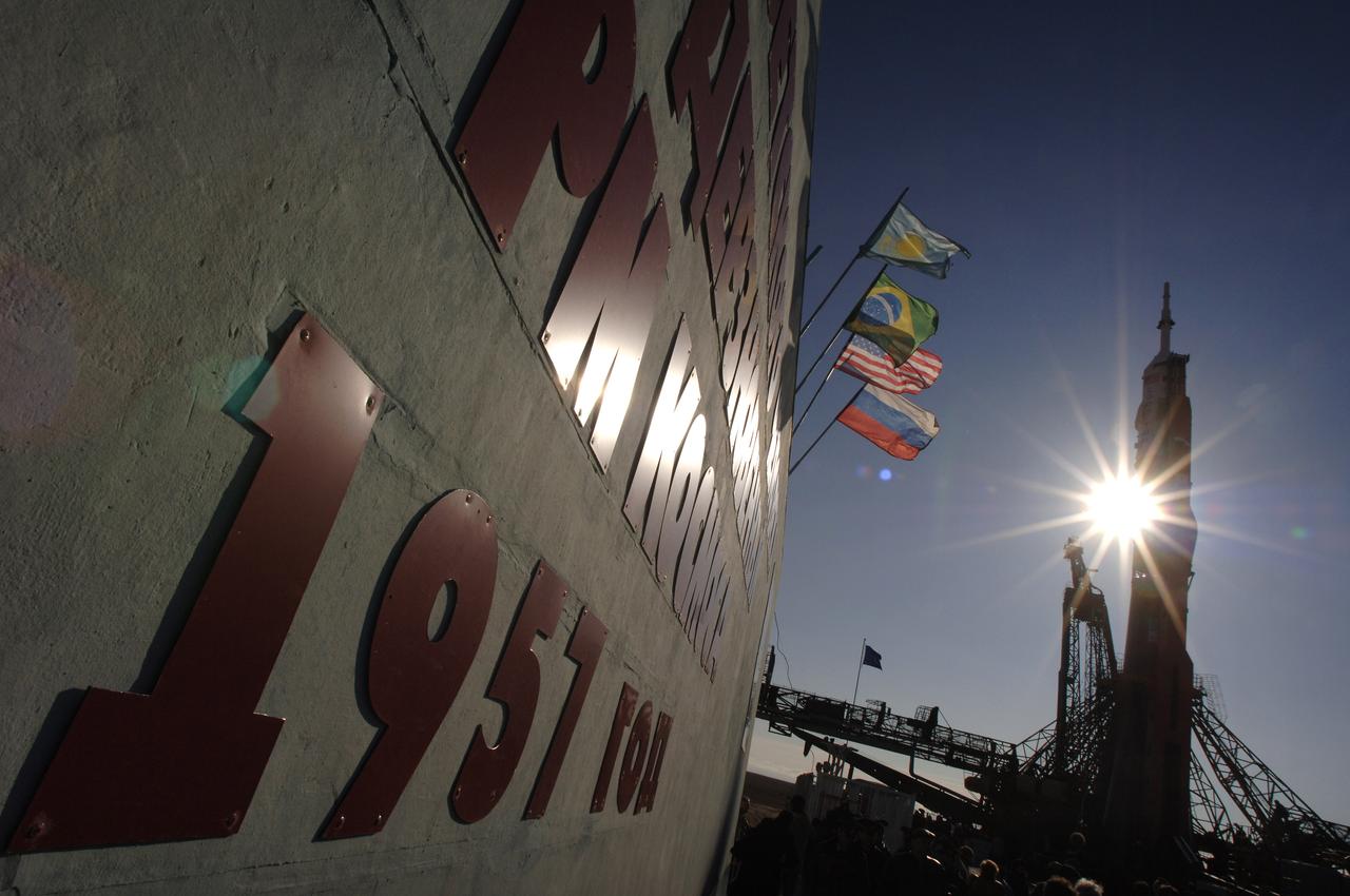 The Soyuz TMA-8 spacecraft and its booster rolled out to the launch pad on Tuesday, March 28, 2006 at the Baikonur Cosmodrome in Baikonur, Kazakhstan for final pre-launch preparations. The Soyuz will blast off on March 30, 2006 to carry Expedition 13 Commander Pavel V. Vinogradov and Science Officer and Flight Engineer Jeffrey N. Williams to the International Space Station for a six-month mission. The spacecraft will also be carrying Brazilian Space Agency Soyuz crew member Marcos Pontes, who will spend 10 days aboard the International Space Station under an agreement with the Russian Federal Space Agency. Photo Credit: (NASA/Bill Ingalls)