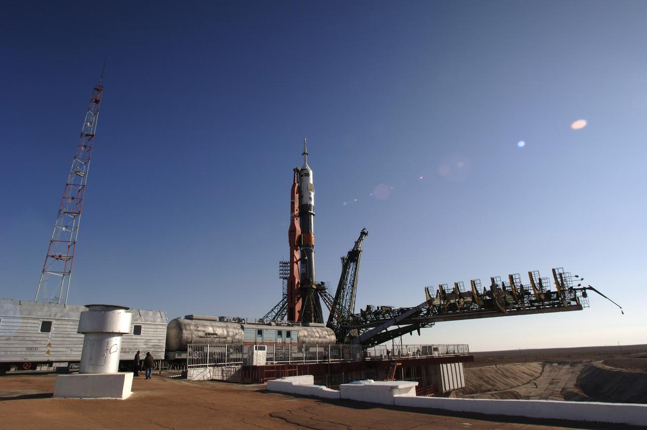 The Soyuz TMA-8 spacecraft and its booster rolled out to the launch pad on Tuesday, March 28, 2006 at the Baikonur Cosmodrome in Baikonur, Kazakhstan for final pre-launch preparations. The Soyuz will blast off on March 30, 2006 to carry Expedition 13 Commander Pavel V. Vinogradov and Science Officer and Flight Engineer Jeffrey N. Williams to the International Space Station for a six-month mission. The spacecraft will also be carrying Brazilian Space Agency Soyuz crew member Marcos Pontes, who will spend 10 days aboard the International Space Station under an agreement with the Russian Federal Space Agency. Photo Credit: (NASA/Bill Ingalls)