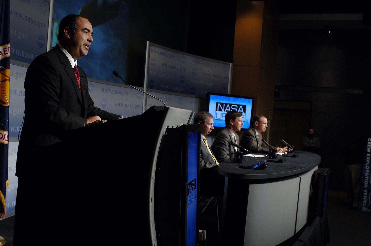Dean Acosta, NASA Deputy Assistant Administrator and Press Secretary, left, moderates a NASA Update with NASA Administrator Michael Griffin, second from left, Scott J. Horowitz, NASA Associate Administrator for Exploration Systems and Jeff Hanley, Constellation Program Manager, right, on Wednesday, June 5, 2006, at NASA Headquarters in Washington. Photo Credit: (NASA/Bill Ingalls)