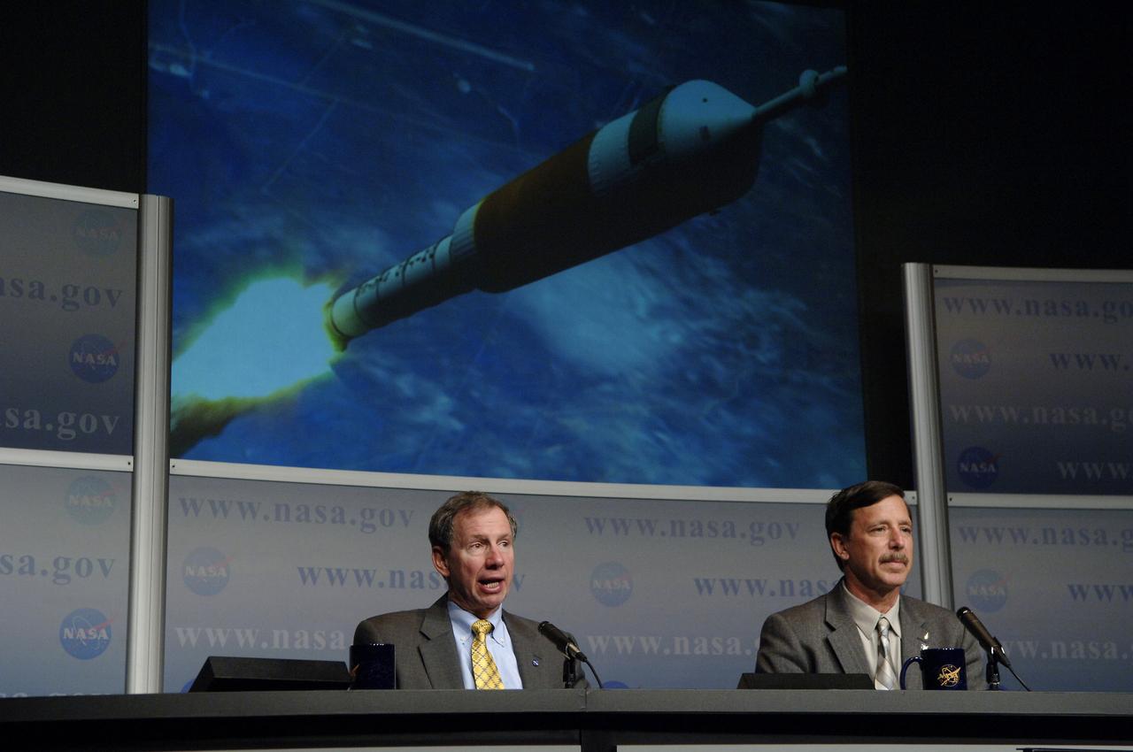 NASA Administrator Michael Griffin, left, and Scott J. Horowitz, NASA Associate Administrator for Exploration Systems, announce to NASA employees and members of the media the responsibilities of the NASA centers associated with the Constellation Program for robotic and human Moon and Mars exploration on Wednesday, June 5, 2006, at NASA Headquarters in Washington. Photo Credit: (NASA/Bill Ingalls)
