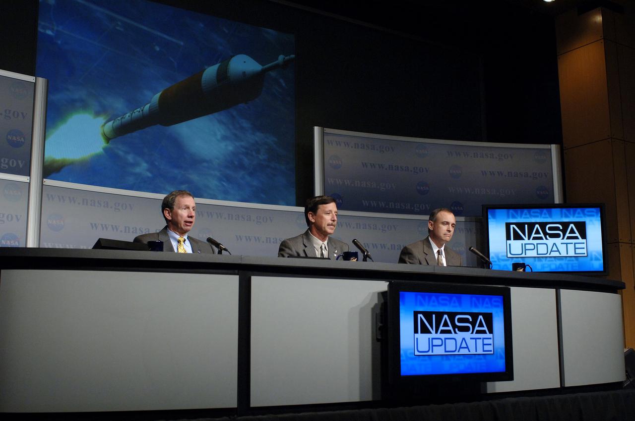 NASA Administrator Michael Griffin, left, Scott J. Horowitz, NASA Associate Administrator for Exploration Systems and Jeff Hanley, Constellation Program Manager, right, announce to NASA employees and members of the media the responsibilities of the NASA centers associated with the Constellation Program for robotic and human Moon and Mars exploration on Wednesday, June 5, 2006, at NASA Headquarters in Washington. Photo Credit: (NASA/Bill Ingalls)