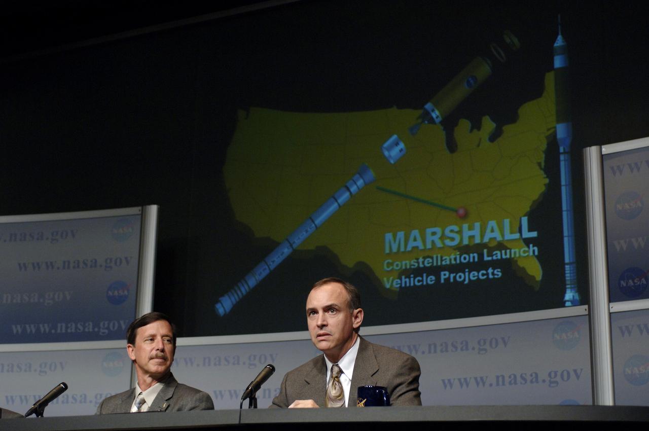 Jeff Hanley, Constellation Program Manager, right, and Scott J. Horowitz, NASA Associate Administrator for Exploration Systems announce to NASA employees and members of the media the responsibilities of the NASA centers associated with the Constellation Program for robotic and human Moon and Mars exploration on Wednesday, June 5, 2006, at NASA Headquarters in Washington. Photo Credit: (NASA/Bill Ingalls)