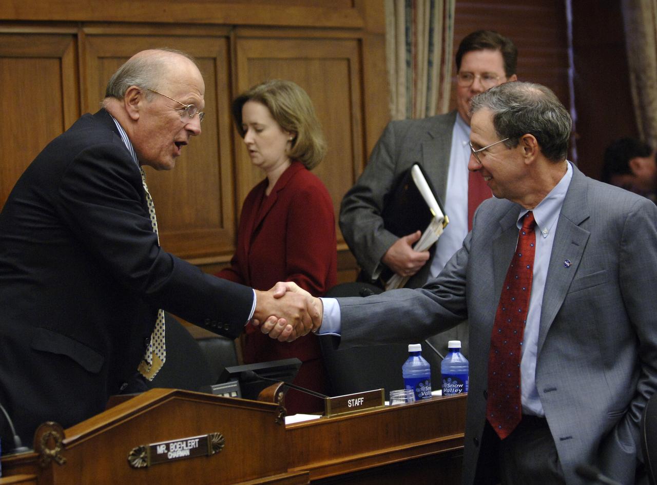 Chairman of the House Committee on Science and Technology U.S. Rep. Sherwood Boehlert, R-N.Y., left, shakes hands with NASA Administrator Michael Griffin prior to a hearing on the future of the National Polar-orbiting Operational Environmental Satellite System (NPOESS) and results of the Nunn-McCurdy review of NOAA’s weather satellite program, Thursday, June 8, 2006, at the Rayburn House Office Building in Washington. Photo Credit: (NASA/Bill Ingalls)
