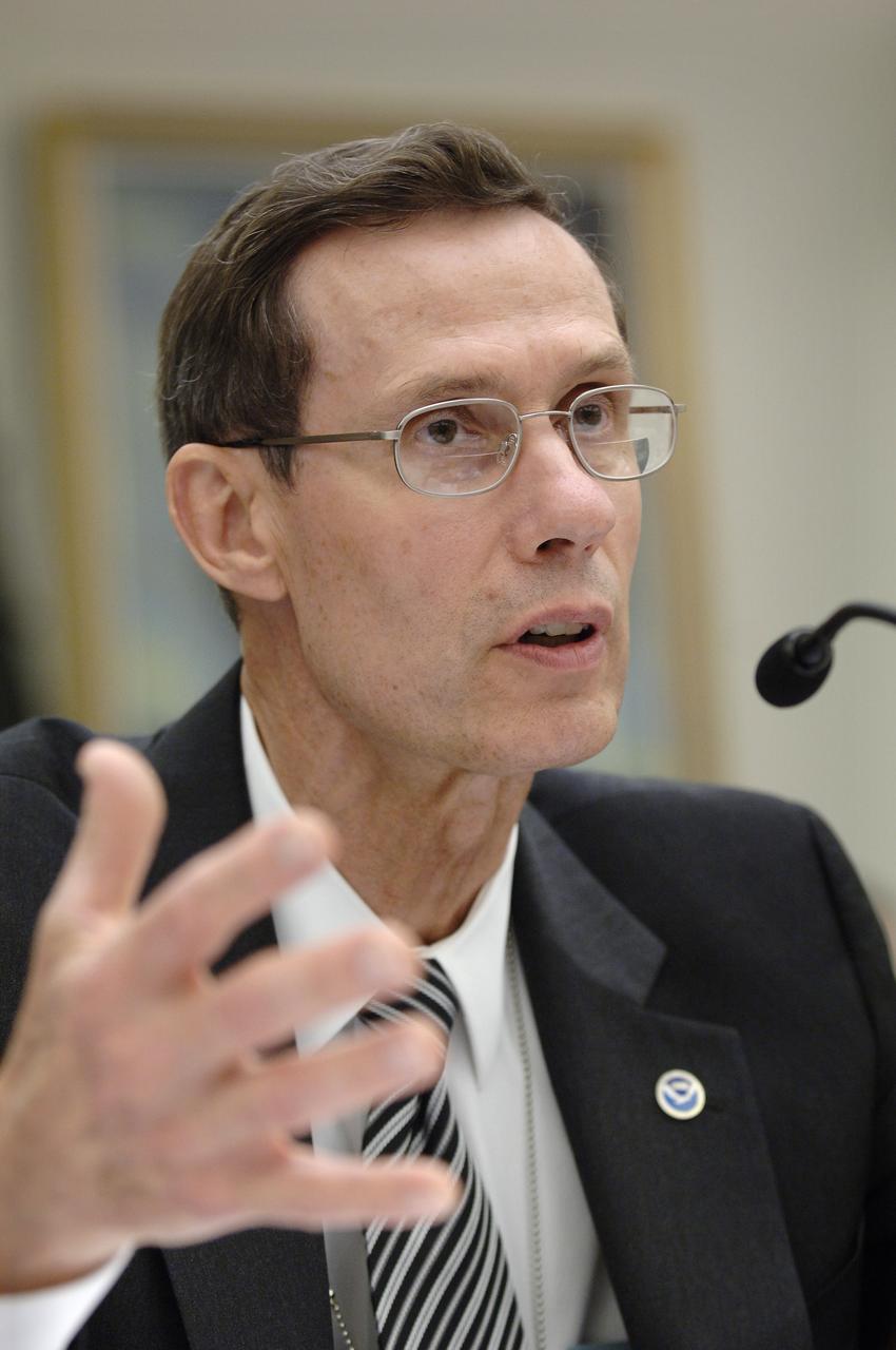 NOAA Administrator, Vice Admiral Conrad C. Lautenbacher, Jr., U.S. Navy (Ret.), testifies before the House Committee on Science and Technology regarding the future of the National Polar-orbiting Operational Environmental Satellite System (NPOESS) and results of the Nunn-McCurdy review of NOAA’s weather satellite program, Thursday, June 8, 2006, at the Rayburn House Office Building in Washington. Photo Credit: (NASA/Bill Ingalls)