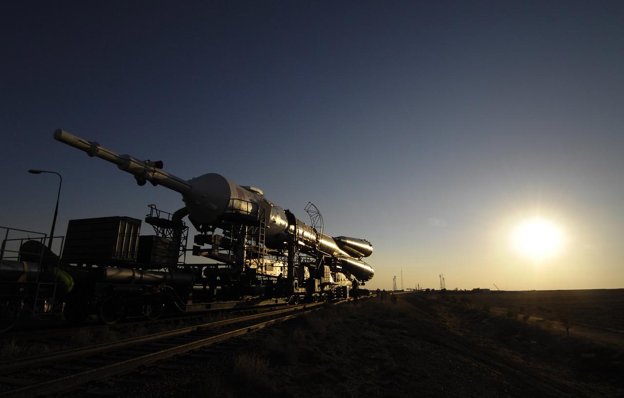 The Soyuz TMA-11 spacecraft is transported by railcar to its launch pad at the Baikonur Cosmodrome, Monday, Oct. 8, 2007, in Kazakhstan for an October 10th launch date.  The Soyuz will carry Expedition 16 Commander Peggy Whitson, Flight Engineer and Soyuz Commander Yuri Malenchenko and Malaysian spaceflight participant Sheikh Muszaphar Shukor to the International Space Station.  Whitson and Malenchenko will spend six months on the station.  Shukor, who is flying under an agreement between Malaysia and the Russian Federal Space Agency, will return to Earth October 21 with two of the Expedition 15 crew members currently on the complex.  Photo Credit:  (NASA/Bill Ingalls)