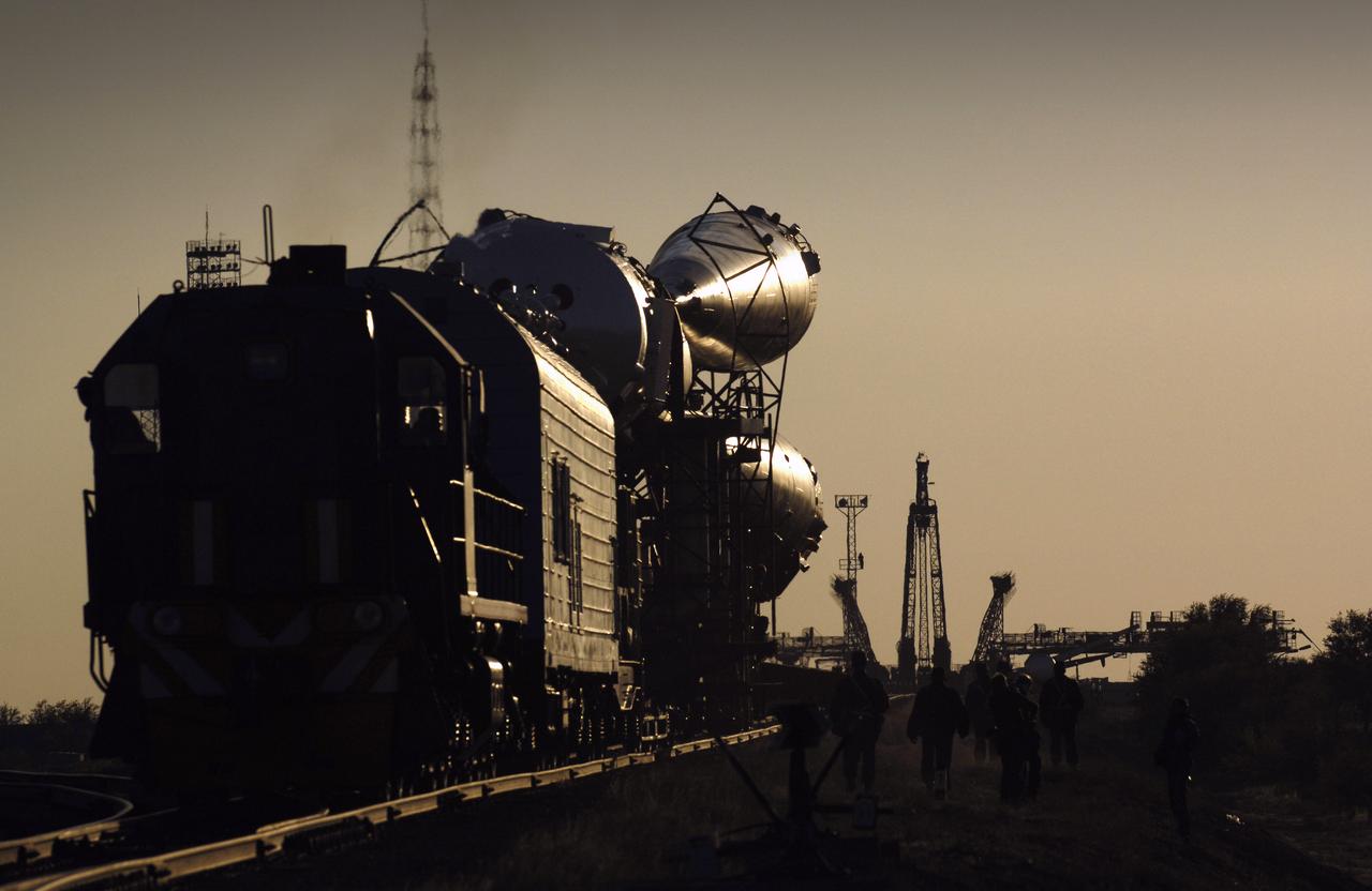 The Soyuz TMA-11 spacecraft is transported by railcar to its launch pad at the Baikonur Cosmodrome, Monday, Oct. 8, 2007, in Kazakhstan for an October 10th launch date.  The Soyuz will carry Expedition 16 Commander Peggy Whitson, Flight Engineer and Soyuz Commander Yuri Malenchenko and Malaysian spaceflight participant Sheikh Muszaphar Shukor to the International Space Station.  Whitson and Malenchenko will spend six months on the station.  Shukor, who is flying under an agreement between Malaysia and the Russian Federal Space Agency, will return to Earth October 21 with two of the Expedition 15 crew members currently on the complex.  Photo Credit:  (NASA/Bill Ingalls)