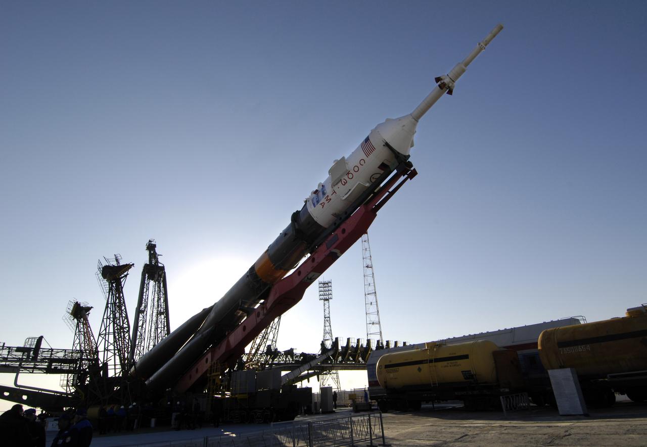 The Soyuz TMA-11 spacecraft was transported by railcar to its launch pad at the Baikonur Cosmodrome, Monday, Oct. 8, 2007, in Kazakhstan for an October 10th launch date.  The Soyuz will carry Expedition 16 Commander Peggy Whitson, Flight Engineer and Soyuz Commander Yuri Malenchenko and Malaysian spaceflight participant Sheikh Muszaphar Shukor to the International Space Station.  Whitson and Malenchenko will spend six months on the station.  Shukor, who is flying under an agreement between Malaysia and the Russian Federal Space Agency, will return to Earth October 21 with two of the Expedition 15 crew members currently on the complex.  Photo Credit:  (NASA/Bill Ingalls)
