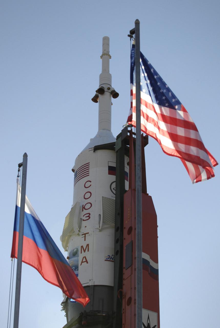 The Soyuz TMA-11 spacecraft was transported by railcar to its launch pad at the Baikonur Cosmodrome, Monday, Oct. 8, 2007, in Kazakhstan for an October 10th launch date.  The Soyuz will carry Expedition 16 Commander Peggy Whitson, Flight Engineer and Soyuz Commander Yuri Malenchenko and Malaysian spaceflight participant Sheikh Muszaphar Shukor to the International Space Station.  Whitson and Malenchenko will spend six months on the station.  Shukor, who is flying under an agreement between Malaysia and the Russian Federal Space Agency, will return to Earth October 21 with two of the Expedition 15 crew members currently on the complex.  Photo Credit:  (NASA/Bill Ingalls)