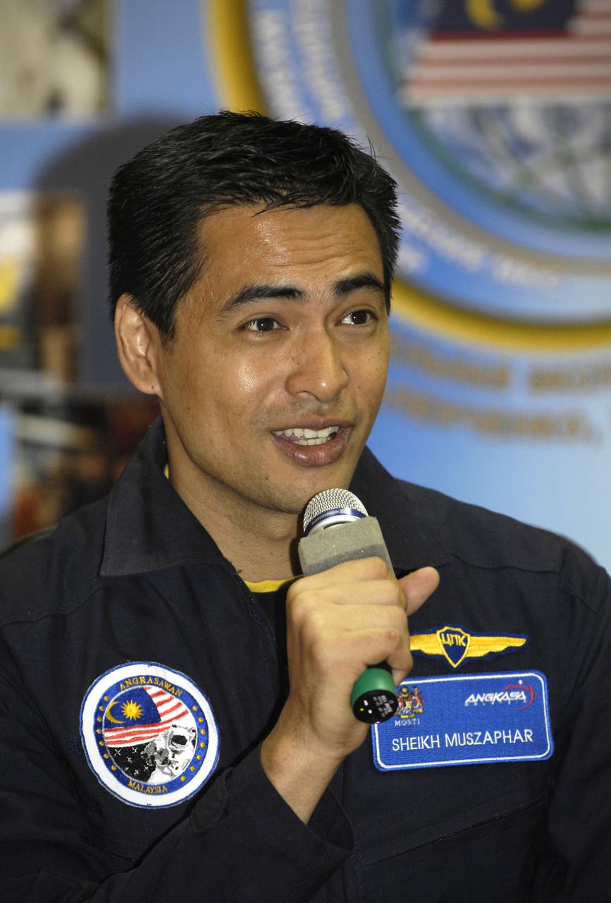 Malaysian spaceflight participant Sheikh Muszhaphar Shukor speaks during the State Commission meeting and press conference, Tuesday, Oct. 9, 2007, at the Baikonur Cosmodrome in Kazakhstan.  The Expedition 16 crew is in preparation for their launch to the International Space Station Oct. 10 in their Soyuz TMA-11 spacecraft.  Commander Peggy Whitson and Flight Engineer Yuri Malenchenko will spend six months on the station while Shukor will return to Earth Oct. 21 with two of the Expedition 15 crewmembers currently on the complex.  Photo Credit:  (NASA/Bill Ingalls) Photo Credit: "NASA/Bill Ingalls"