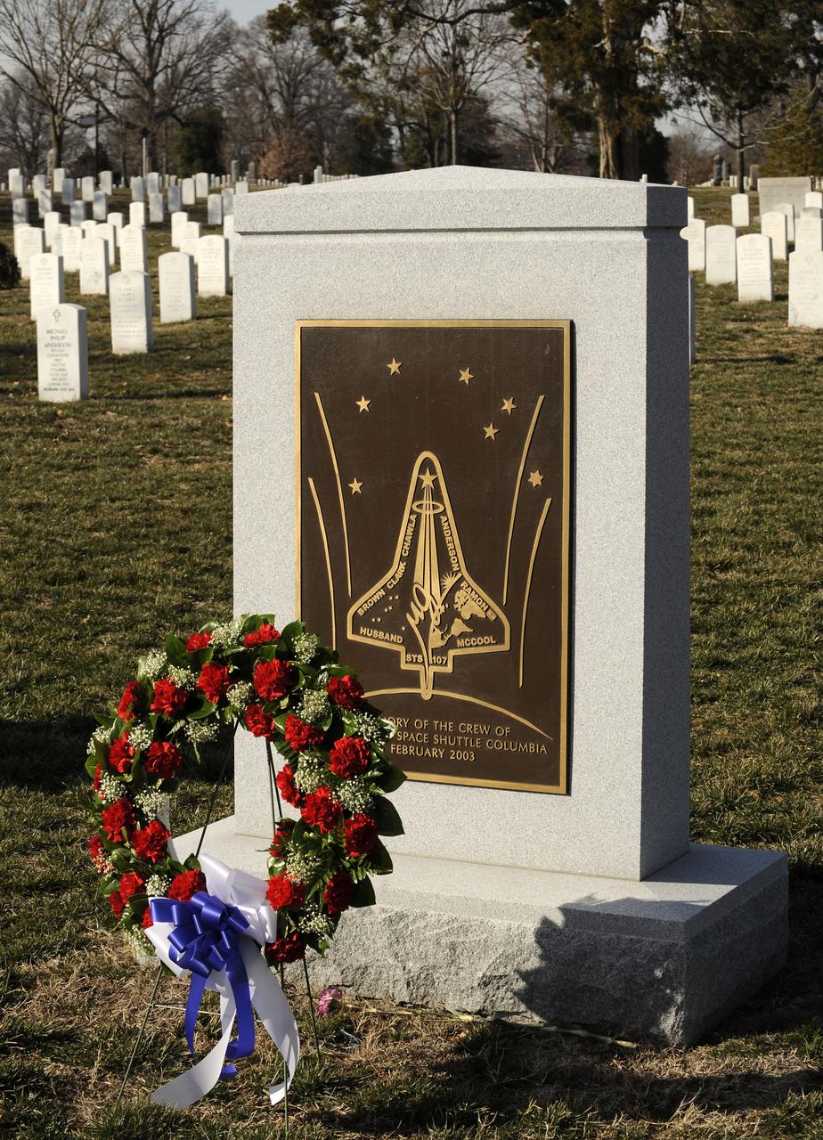A wreath placed by NASA Deputy Administrator Shana Dale and other NASA senior management is seen in front of the Columbia memorial Thursday, Jan. 31 2008, at Arlington National Cemetery. The wreath laying ceremony is part of NASA's Day of Remembrance. Wreaths were laid in the memory of those men and women who lost their lives in the quest of space exploration, including the astronaut crews of Columbia, Challenger and Apollo 1. Photo Credit: (NASA/Bill Ingalls)