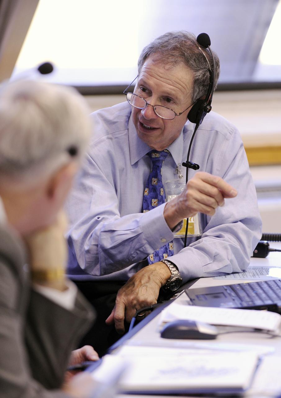 NASA Administrator, Michael Griffin talks with other NASA managers in the Launch Control Center prior to the launch of the Space Shuttle Discovery (STS-124) Saturday, May 31, 2008, at the Kennedy Space Center in Cape Canaveral, Fla. The Shuttle lifted off from launch pad 39A at 5:02 p.m. EDT. Photo Credit: (NASA/Bill Ingalls)