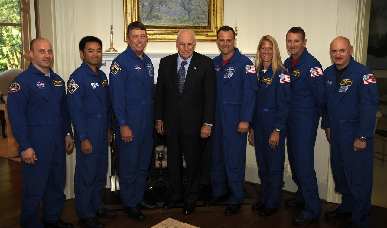 Vice President Richard B. Cheney, center, poses with astronauts from the STS-124 mission at the Vice President's residence Wednesday July 16, 2008, in Washington.  Crew members from left are: NASA Astronaut Garrett Reisman, Japan Aerospace Exploration Agency (JAXA) astronaut Akihiko Hoshide, Mission Specialist Mike Fossum, Mission Specialist Ron Garan, Mission Specialist Karen Nyberg, Pilot Ken Ham and Commander Mark Kelly. Photo Credit: (NASA/Bill Ingalls)