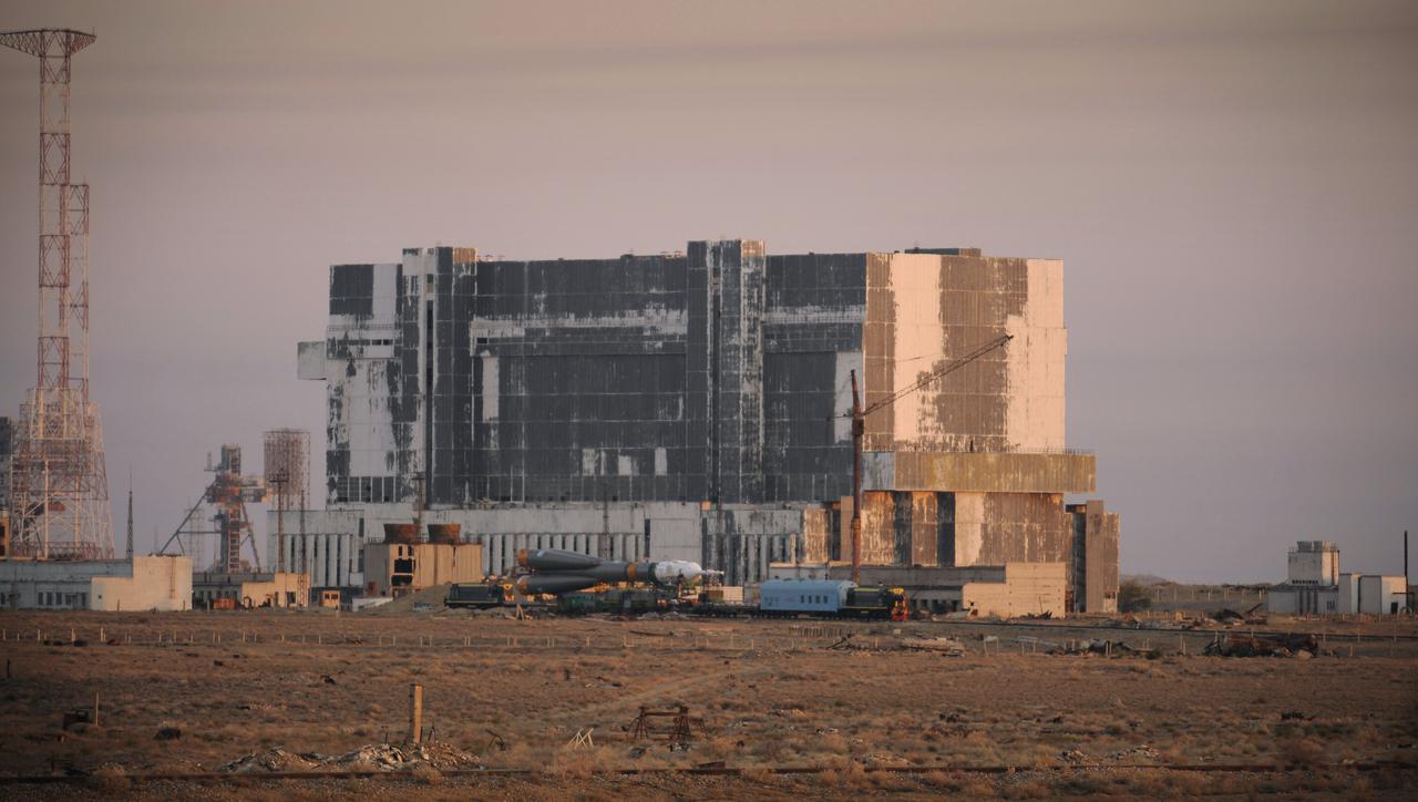 The Soyuz TMA-13 spacecraft is transported by railcar to its launch pad at the Baikonur Cosmodrome in Kazakhstan, Friday, Oct. 10, 2008.  Expedition 18 Commander Michael Fincke, Flight Engineer Yuri V. Lonchakov and American spaceflight participant Richard Garriott will launch October 12 and dock with the International Space Station October 14.  Fincke and Lonchakov will spend six months on the station, while Garriott will return to Earth after 10 days with the Expedition 17 crew members currently on the ISS.  Photo Credit: (NASA/Bill Ingalls)