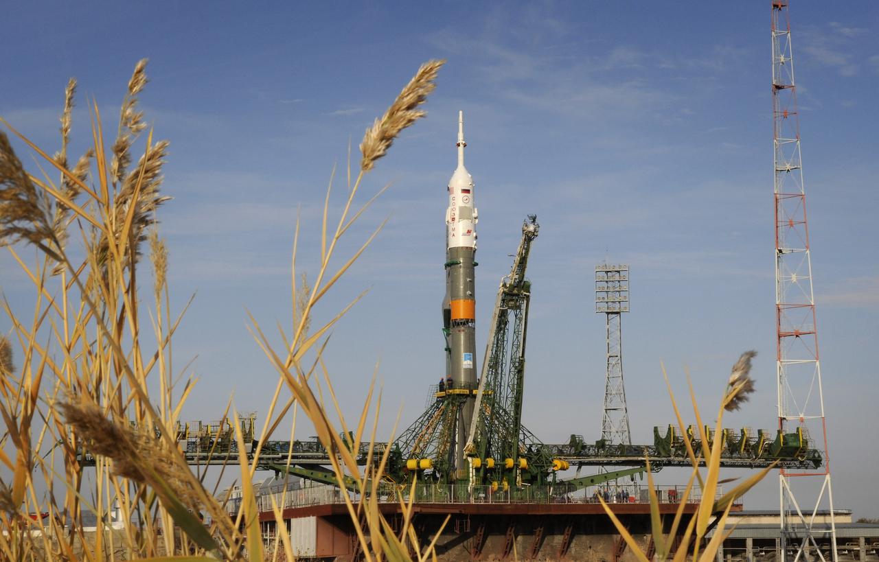 The Soyuz TMA-13 spacecraft arrives at the launch pad at the Baikonur Cosmodrome in Kazakhstan, Friday, Oct. 10, 2008.   The Soyuz is scheduled to launch to the International Space Station Oct. 12 with Expedition 18 Commander Michael Fincke, Flight Engineer Yuri V. Lonchakov and American spaceflight participant Richard Garriott.  The three crew members will dock their Soyuz to the International Space Station on Oct. 14.  Fincke and Lonchakov will spend six months on the station, while Garriott will return to Earth Oct. 24 with two of the Expedition 17 crew members currently on the International Space Station.  Photo Credit: (NASA/Bill Ingalls)