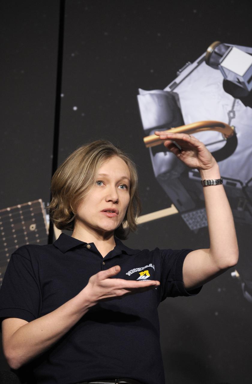 Anna Michalak, an Orbiting Carbon Observatory science team member from the University of Michigan, Ann Arbor, speaks during a media briefing to discuss the upcoming Orbiting Carbon Observatory mission, the first NASA spacecraft dedicated to studying carbon dioxide, Thursday, Jan. 29, 2009, at NASA Headquarters in Washington. Photo Credit: (NASA/Paul E. Alers)