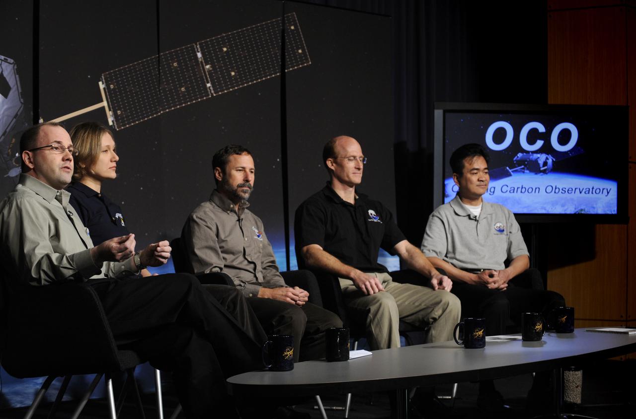 Panelists are seen during a media briefing to discuss the upcoming Orbiting Carbon Observatory mission, the first NASA spacecraft dedicated to studying carbon dioxide, Thursday, Jan. 29, 2009, at NASA Headquarters in Washington. Photo Credit: (NASA/Paul E. Alers)