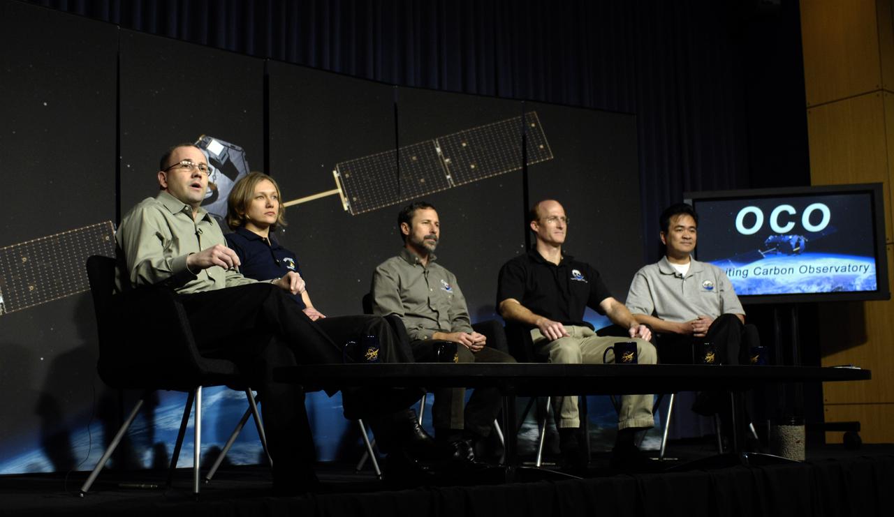 Panelists are seen during a media briefing to discuss the upcoming Orbiting Carbon Observatory mission, the first NASA spacecraft dedicated to studying carbon dioxide, Thursday, Jan. 29, 2009, at NASA Headquarters in Washington. Photo Credit: (NASA/Paul E. Alers)