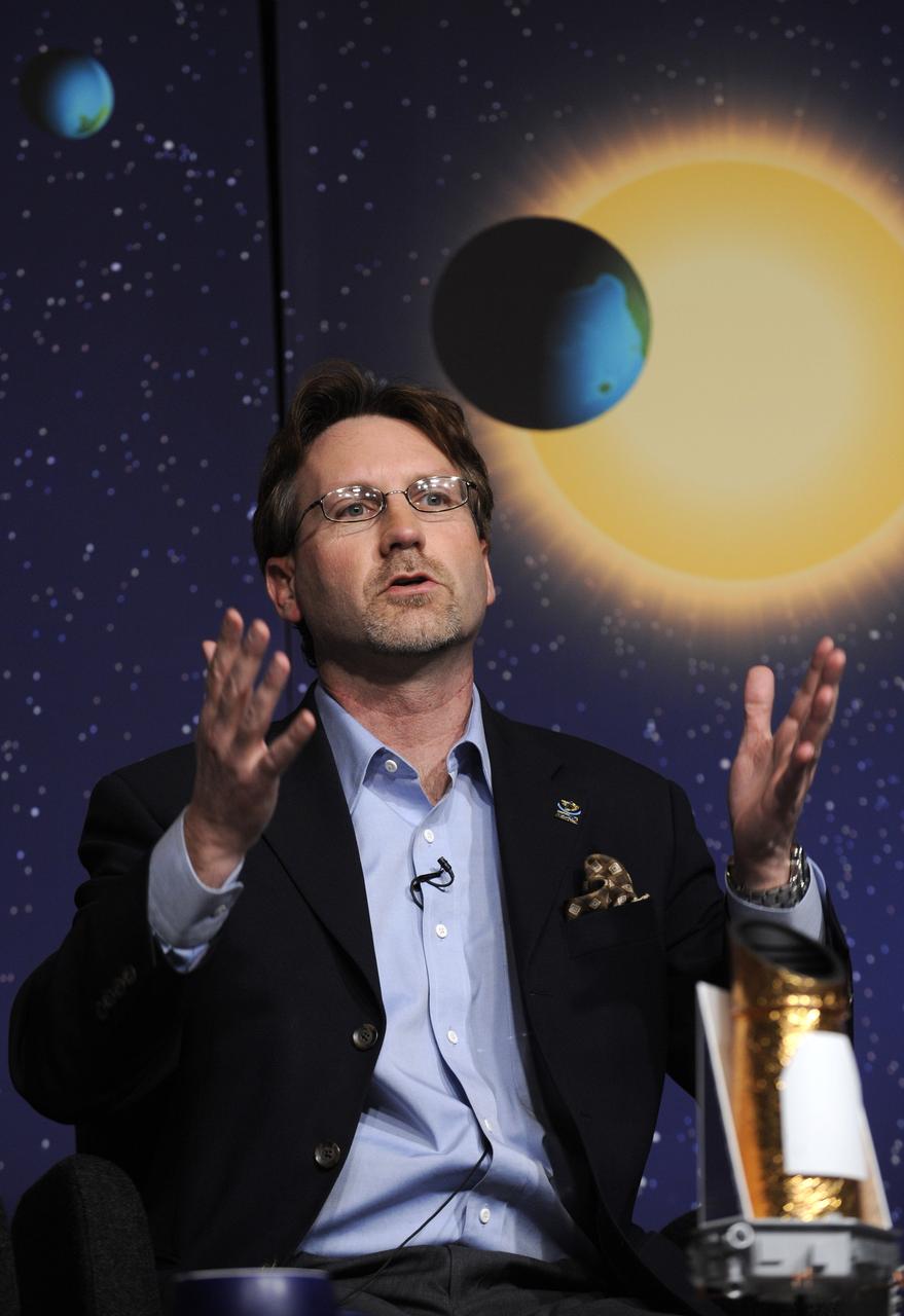 Jim Fanson, Kepler project manager, at NASA's Jet Propulsion Laboratory in Pasadena, Calif. talks about the Kepler mission during a media briefing, Thursday, Feb. 19, 2008, at NASA Headquarters in Washington. Kepler, the first mission with the ability to find planets like earth, is scheduled to launch on March 5, 2009 from Cape Canaveral Air Force Station, Fla. aboard a Delta II rocket.  Photo Credit: (NASA/Paul. E. Alers)