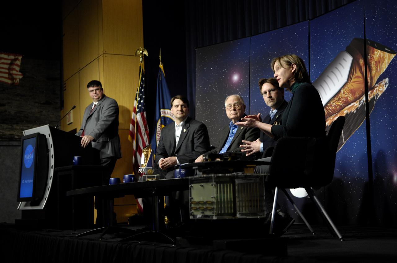 Debra Fischer, a professor of Astronomy at San Francisco State University, right, makes a comment, as Jim Fanson, William Borucki and Jon Morse, fourth from right, look on during a media briefing on the Kepler mission, Thursday, Feb. 19, 2008, at NASA Headquarters in Washington. Kepler, the first mission with the ability to find planets like earth, is scheduled to launch on March 5, 2009 from Cape Canaveral Air Force Station, Fla. aboard a Delta II rocket. At far left is J.D. Harrington. Photo Credit: (NASA/Paul. E. Alers)
