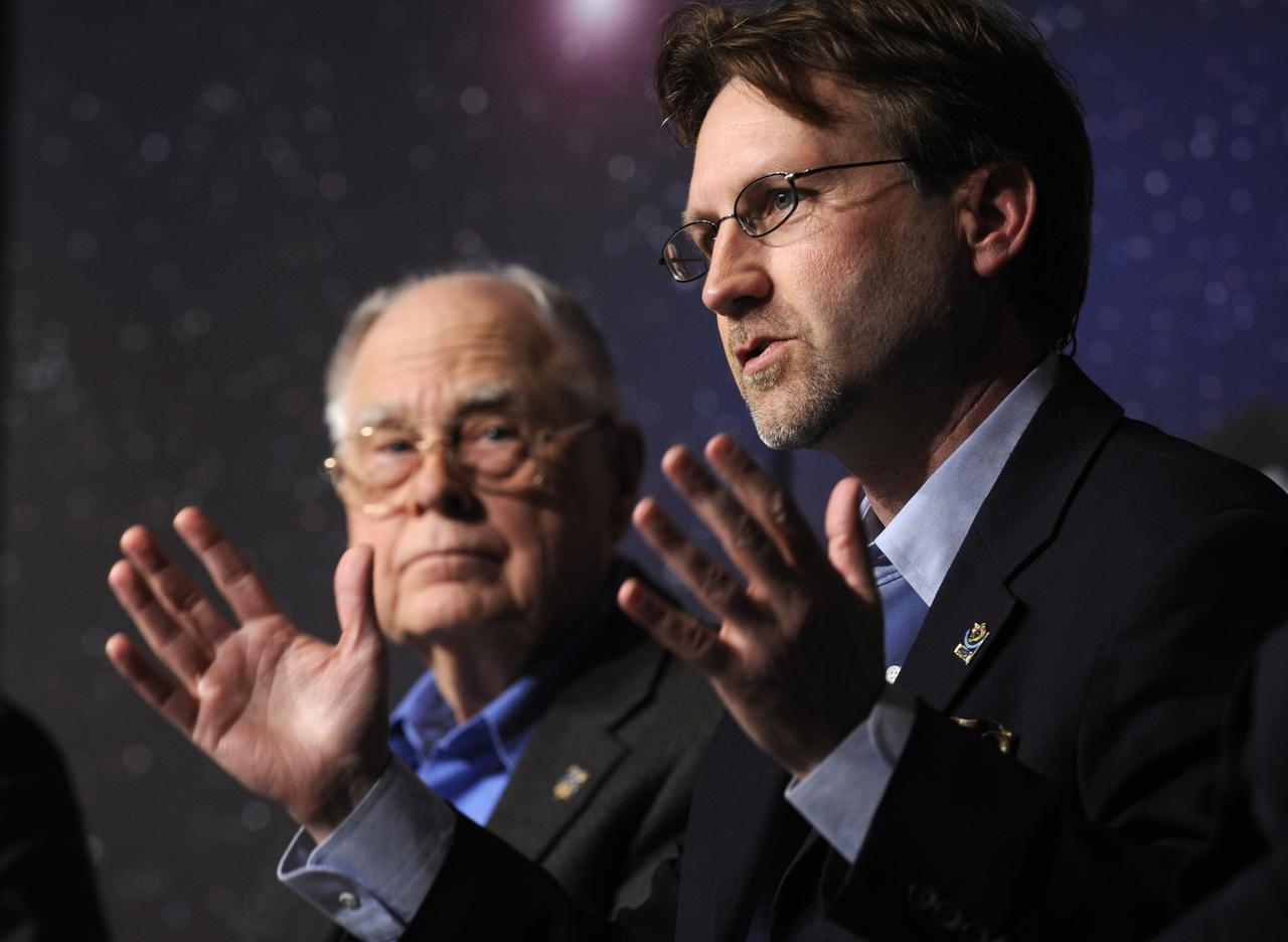 Jim Fanson, Kepler project manager, right, talks about the Kepler mission as William Borucki, left, listens during a media briefing, Thursday, Feb. 19, 2008, at NASA Headquarters in Washington. Kepler, the first mission with the ability to find planets like earth, is scheduled to launch on March 5, 2009 from Cape Canaveral Air Force Station, Fla. aboard a Delta II rocket.  Photo Credit: (NASA/Paul. E. Alers)