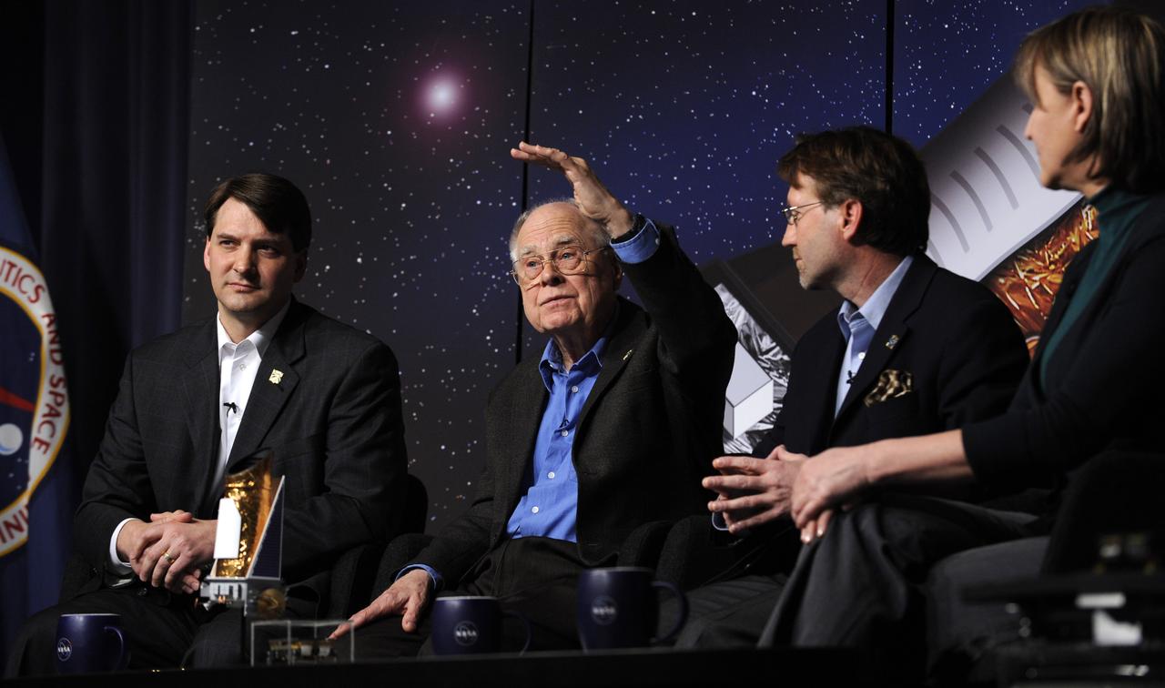 William Borucki, principal investigator for Kepler Science at Ames Research Center, Moffett Field, Calif.,, second from left, talks about the Kepler mission during a media briefing, Thursday, Feb. 19, 2008, at NASA Headquarters in Washington. Kepler, the first mission with the ability to find planets like earth, is scheduled to launch on March 5, 2009 from Cape Canaveral Air Force Station, Fla. aboard a Delta II rocket. Joining Borucki at the briefing were Jon Morse, director, Astrophysics Division, NASA Headquarters, Jim Fanson, Kepler project manager at the Jet Propulsion Laboratory and Debra Fischer, a professor of Astronomy at San Francisco State University. Photo Credit: (NASA/Paul. E. Alers)