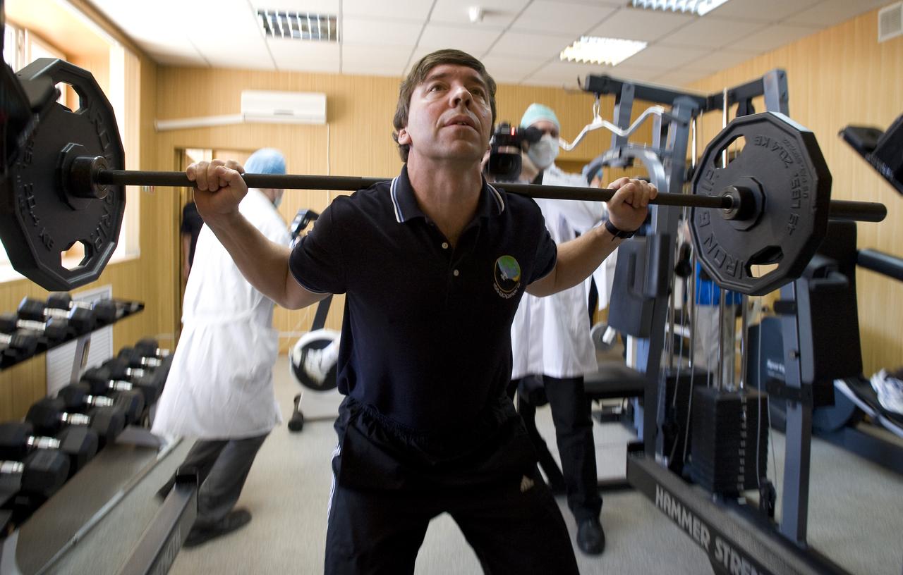 Expedition 19 Flight Engineer Michael R. Barratt exercises at the Cosmonaut Hotel, Saturday, March 21, 2009 in Baikonur, Kazakhstan.  (Photo Credit: NASA/Bill Ingalls)