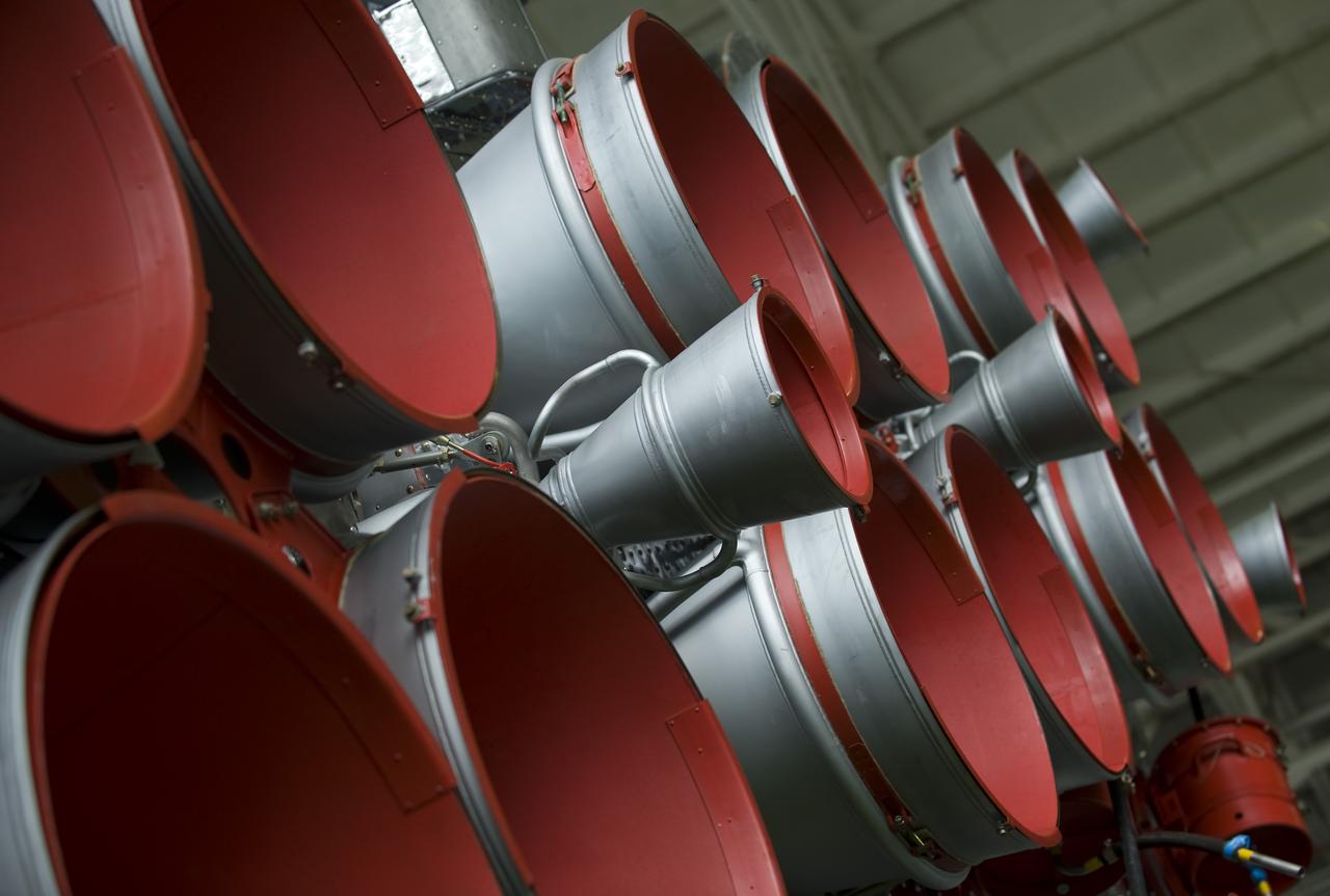 The boosters of the Soyuz rocket are seen as the Soyuz TMA-14 spacecraft and boosters are assembled Monday, March 23, 2009 at the Baikonur Cosmodrome in Kazakhstan. The Soyuz is scheduled to launch the crew of Expedition 19 and a spaceflight participant on March 26, 2009. Photo Credit: (NASA/Bill Ingalls)