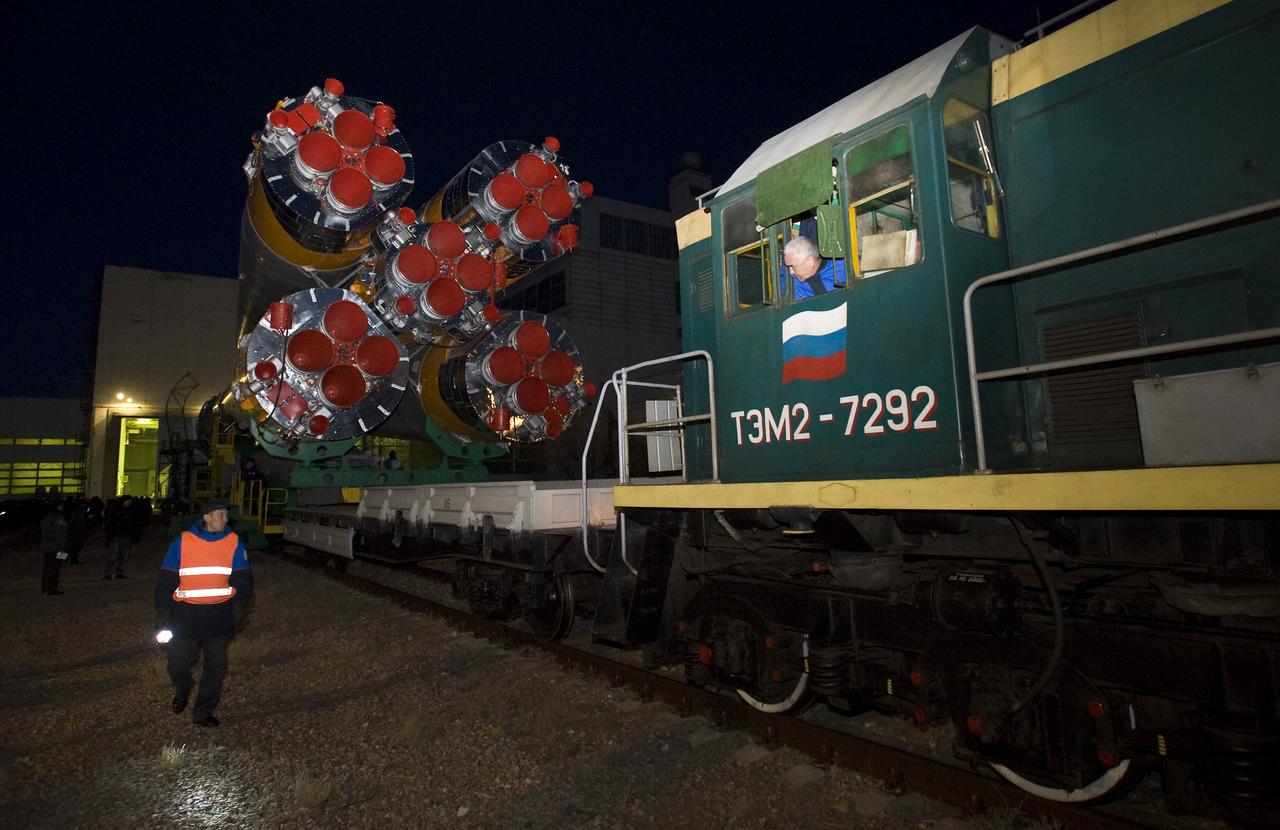 The Soyuz rocket is rolled out to the launch pad Tuesday, March 24, 2009 at the Baikonur Cosmodrome in Kazakhstan. The Soyuz is scheduled to launch the crew of Expedition 19 and a spaceflight participant on March 26, 2009. Photo Credit: (NASA/Bill Ingalls)