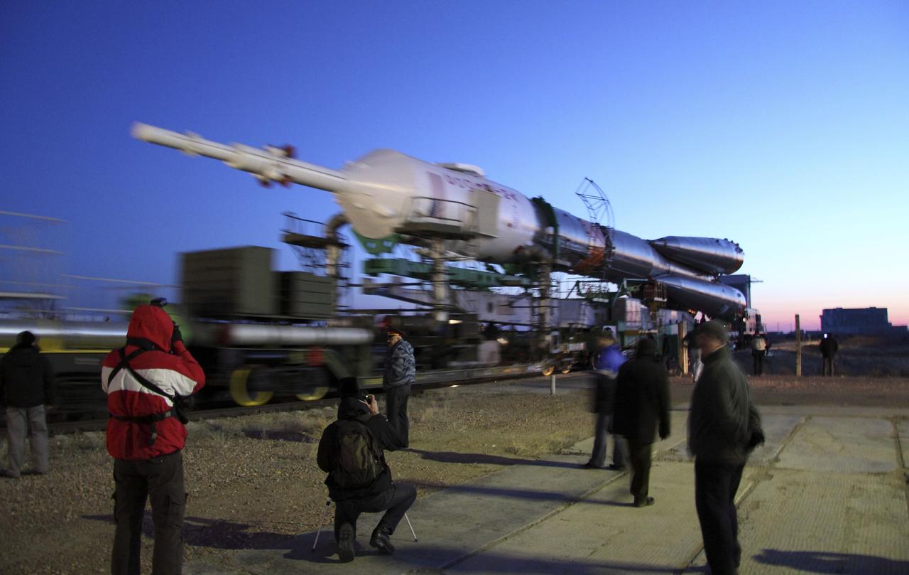 The Soyuz rocket is rolled out to the launch pad Tuesday, March 24, 2009 at the Baikonur Cosmodrome in Kazakhstan. The Soyuz is scheduled to launch the crew of Expedition 19 and a spaceflight participant on March 26, 2009. Photo Credit: (NASA/Victor Zelentsov)
