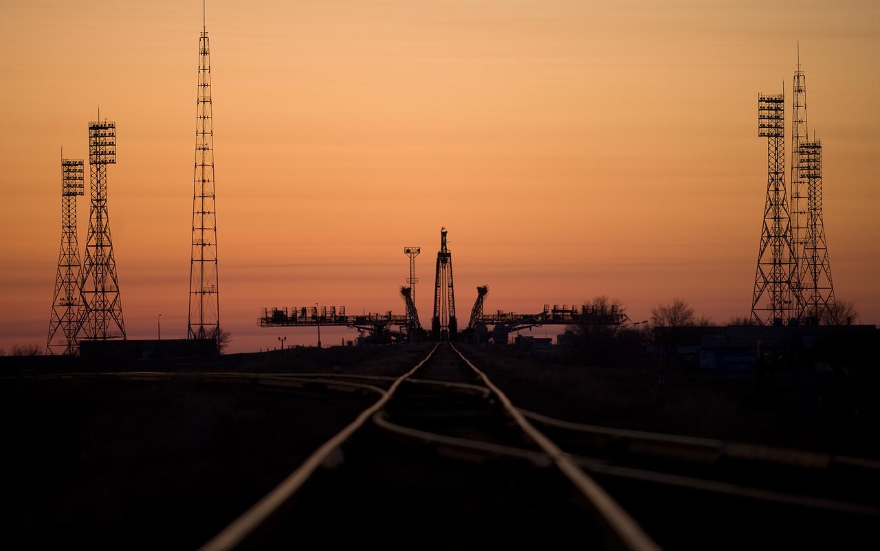 The Soyuz launch pad is seen about an hour before the Soyuz rocket is rolled out to the launch pad Tuesday, March 24, 2009 at the Baikonur Cosmodrome in Kazakhstan. The Soyuz is scheduled to launch the crew of Expedition 19 and a spaceflight participant on March 26, 2009. Photo Credit: (NASA/Bill Ingalls)