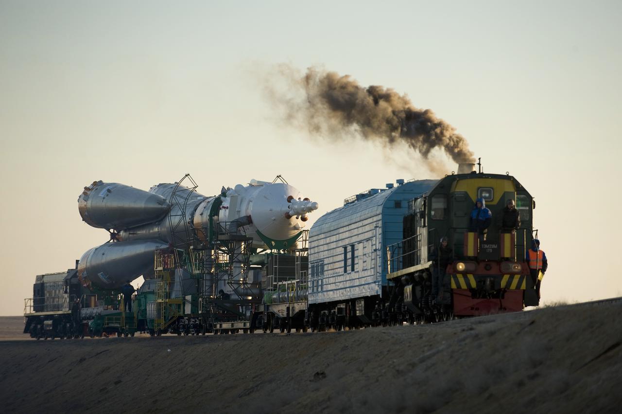The Soyuz rocket is rolled out to the launch pad Tuesday, March 24, 2009 at the Baikonur Cosmodrome in Kazakhstan. The Soyuz is scheduled to launch the crew of Expedition 19 and a spaceflight participant on March 26, 2009. Photo Credit: (NASA/Bill Ingalls)