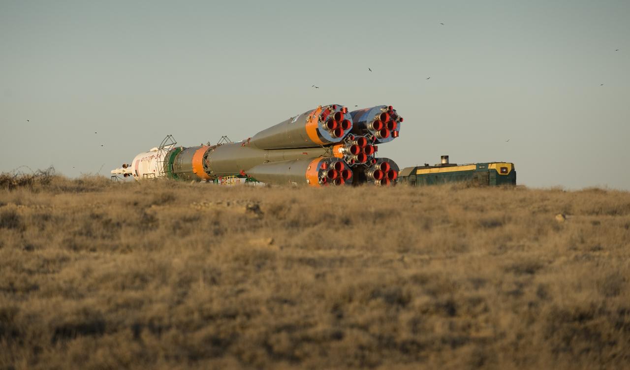The Soyuz rocket is rolled out to the launch pad Tuesday, March 24, 2009 at the Baikonur Cosmodrome in Kazakhstan. The Soyuz is scheduled to launch the crew of Expedition 19 and a spaceflight participant on March 26, 2009. Photo Credit: (NASA/Bill Ingalls)