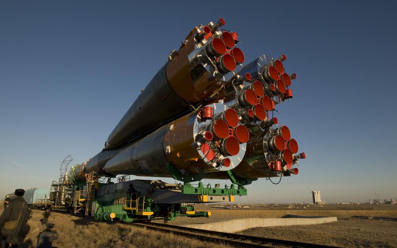 The Soyuz rocket is rolled out to the launch pad Tuesday, March 24, 2009 at the Baikonur Cosmodrome in Kazakhstan. The Soyuz is scheduled to launch the crew of Expedition 19 and a spaceflight participant on March 26, 2009. Photo Credit: (NASA/Bill Ingalls)