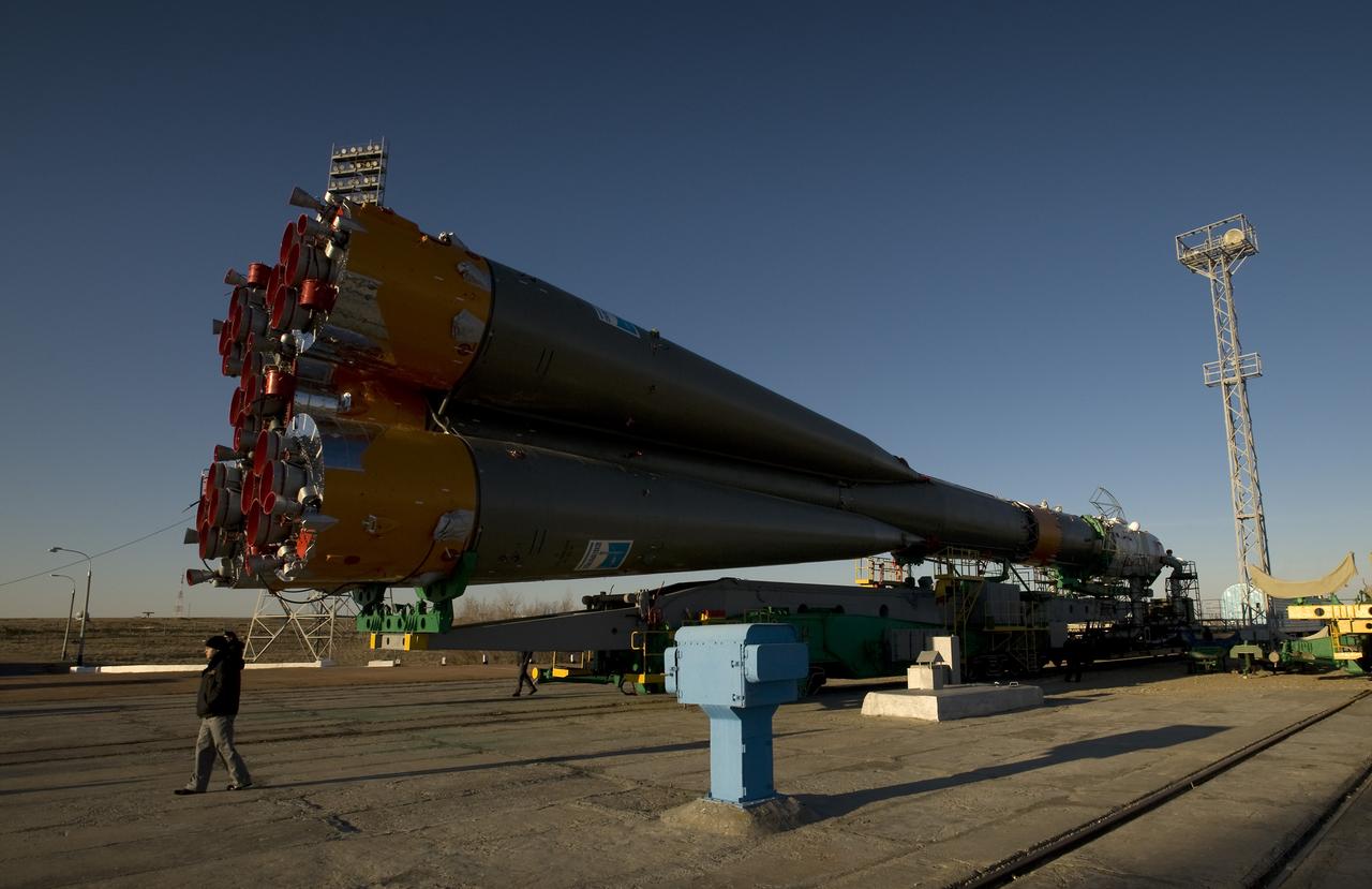 The Soyuz rocket is rolled out to the launch pad Tuesday, March 24, 2009 at the Baikonur Cosmodrome in Kazakhstan.  The Soyuz is scheduled to launch the crew of Expedition 19 and a spaceflight participant on March 26, 2009.  Photo Credit: (NASA/Bill Ingalls)