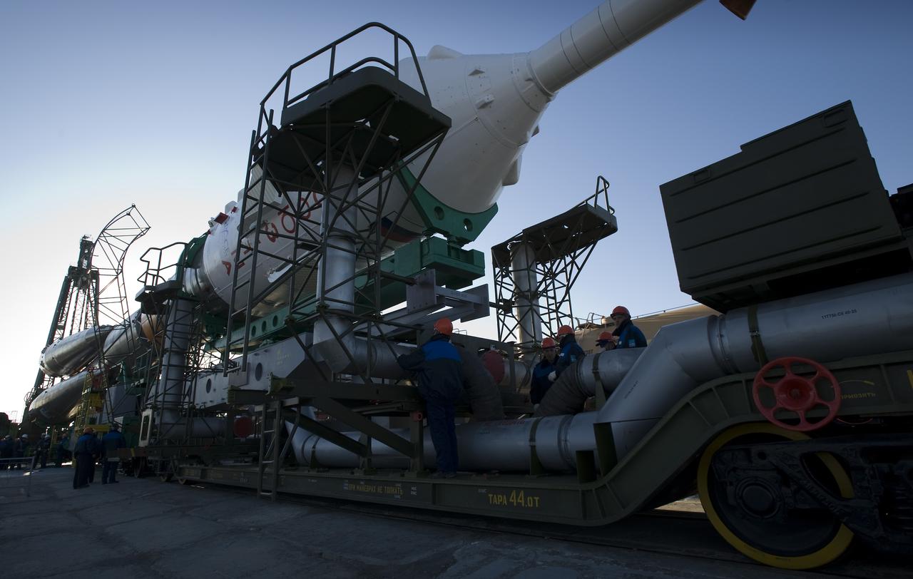 The Soyuz rocket is rolled out to the launch pad Tuesday, March 24, 2009 at the Baikonur Cosmodrome in Kazakhstan. The Soyuz is scheduled to launch the crew of Expedition 19 and a spaceflight participant on March 26, 2009. Photo Credit: (NASA/Bill Ingalls)