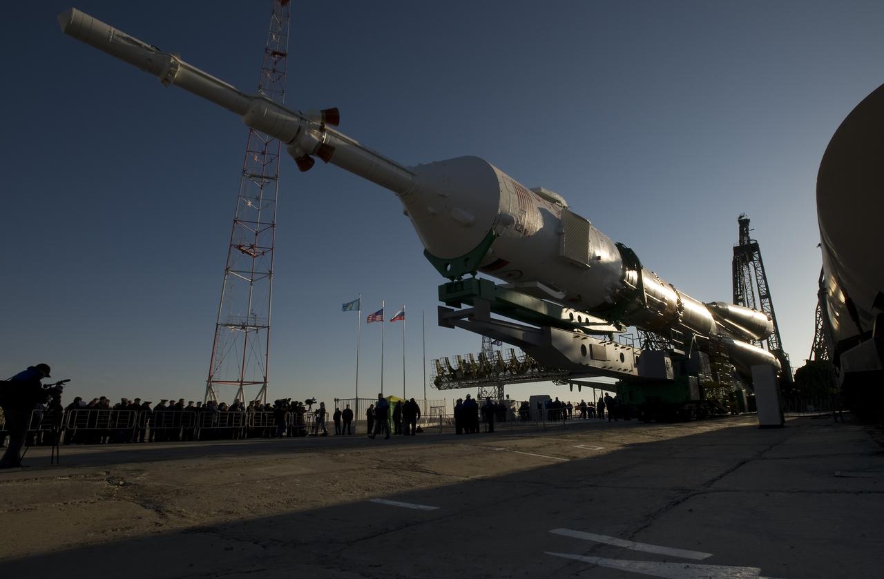 The Soyuz rocket is prepared to be erected into position at the launch pad Tuesday, March 24, 2009 at the Baikonur Cosmodrome in Kazakhstan. The Soyuz is scheduled to launch the crew of Expedition 19 and a spaceflight participant on March 26, 2009. Photo Credit: (NASA/Bill Ingalls)