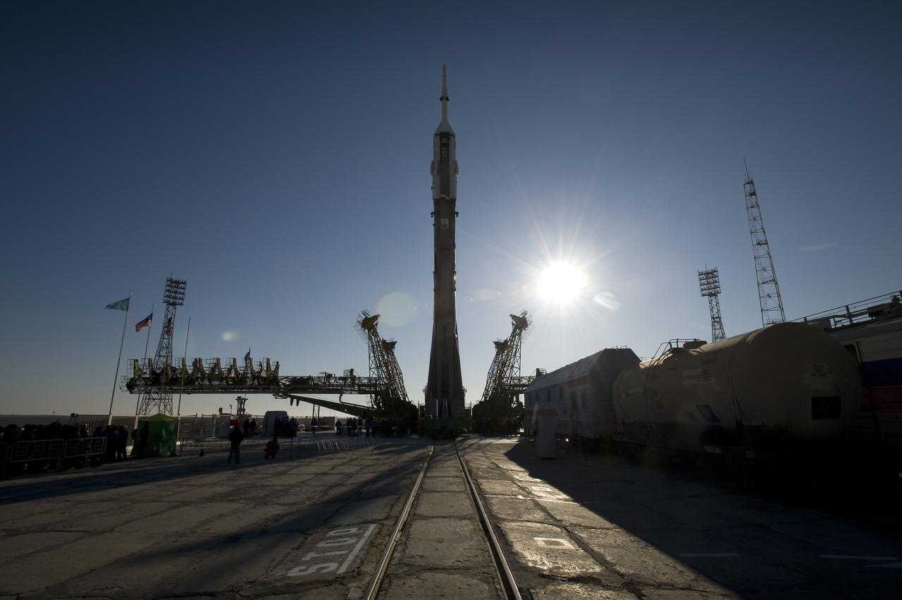 The Soyuz rocket is erected into position at the launch pad Tuesday, March 24, 2009 at the Baikonur Cosmodrome in Kazakhstan. The Soyuz is scheduled to launch the crew of Expedition 19 and a spaceflight participant on March 26, 2009. Photo Credit: (NASA/Bill Ingalls)