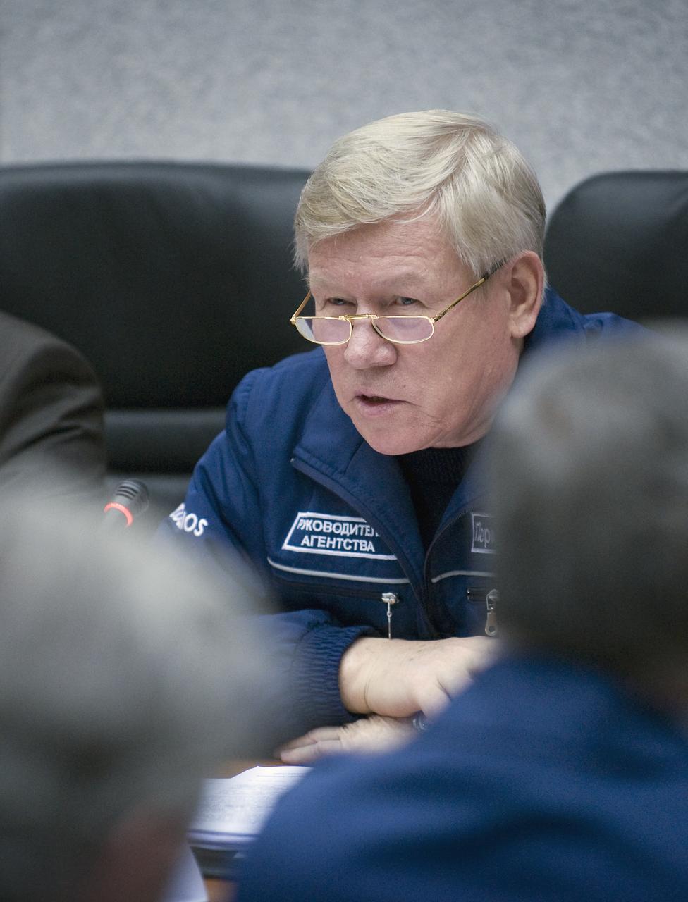 Head of the Russian Federal Space Agency, Anatoly Perminov speaks during the State Commission meeting to approve the Soyuz launch of Expedition 19 Commander Gennady I. Padalka, Flight Engineer Michael R. Barratt and Spaceflight Participant Charles Simonyi on Wednesday, March 25, 2009 in Baikonur, Kazakhstan. Photo Credit: (NASA/Bill Ingalls)