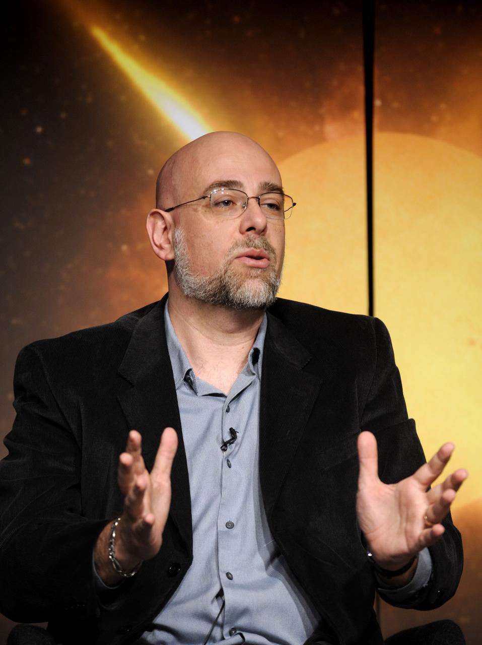 Angelo Vourlidas, project scientist, Sun Earth Connection Coronal and Heliospheric Investigation, at the Naval Research Laboratory, makes a comment during a Science Update on the STEREO mission at NASA Headquarters in Washington, Tuesday, April 14, 2009. Photo Credit: (NASA/Paul E. Alers)